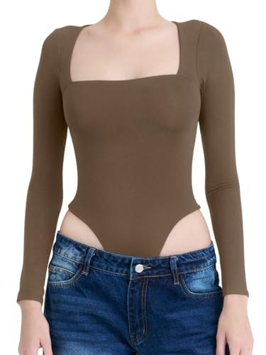 ATiPA Long Sleeve Bodysuit for Women X-Small Brown – Double Layered, Super Stretch Rayon-Spandex Blend – Seamless & Silky – Bodysuits for Women – Womens Bodysuits – No See-Through Fit (Brown X-Small) | Amazon (US)