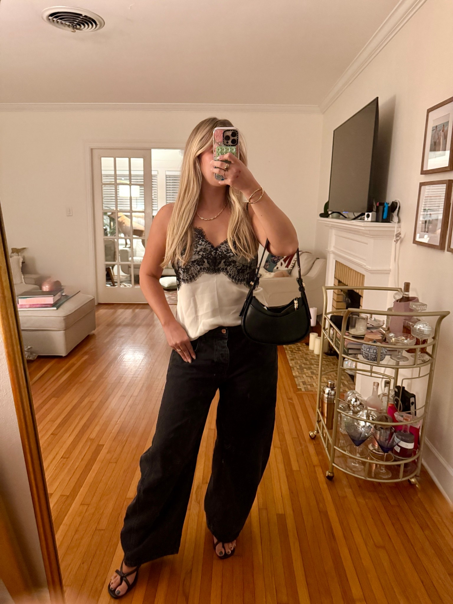 night out outfit: barrel jeans, lace cami, black purse, going out top, casual outfit, going out outfit, dinner outfit, drinks outfit  

#LTKStyleTip #LTKFindsUnder100 #LTKPetite