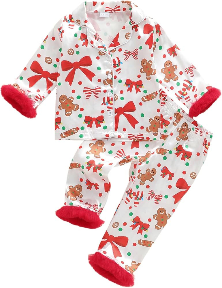 Kuriozud Kids Toddler Girl Satin Pajamas Fuzzy Trim Long Sleeve Button Down Shirt Top and Pants 2... | Amazon (US)
