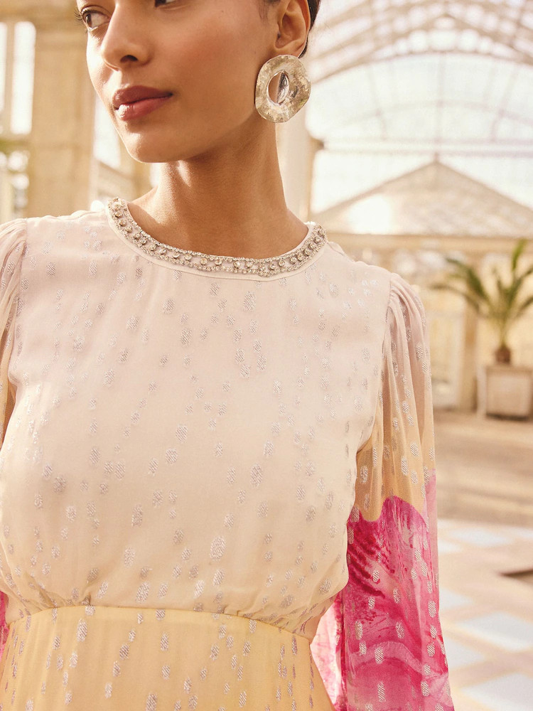 Love & Roses x RHS Floral Metallic Embellished Neck Long Sleeve Midi Dress | Next EU