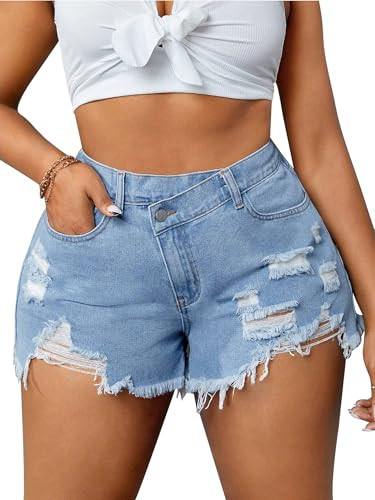 ALLABREVE Womens Plus Size Ripped Denim Shorts High Waisted Stretchy Jean Shorts with Frayed Hem - Asymmetrical Button Fly Distressed Summer Hot Jorts | Amazon (US)