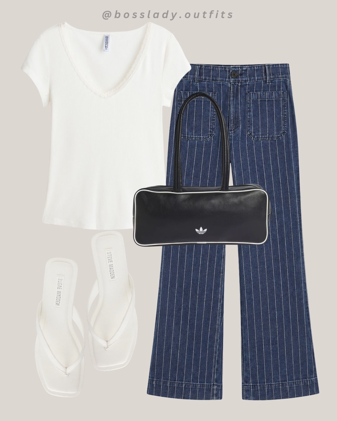 Pinstripe denim, soft summer vibe

Tags: pinstripe wide leg jeans, white v neck tee, adidas bowling bag outfit, white strappy sandals, casual summer outfit, denim outfit idea, retro sporty outfit, minimalist summer style, everyday casual outfit, weekend outfit inspo

#LTKsummer #LTKstyletip #LTKshoes