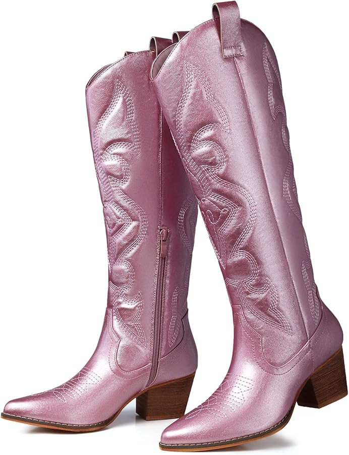 SHIBEVER Knee High Boots for Women: Cowboy Cowgirl Low Heel Metallic Western Glitter Pointed Toe ... | Amazon (US)