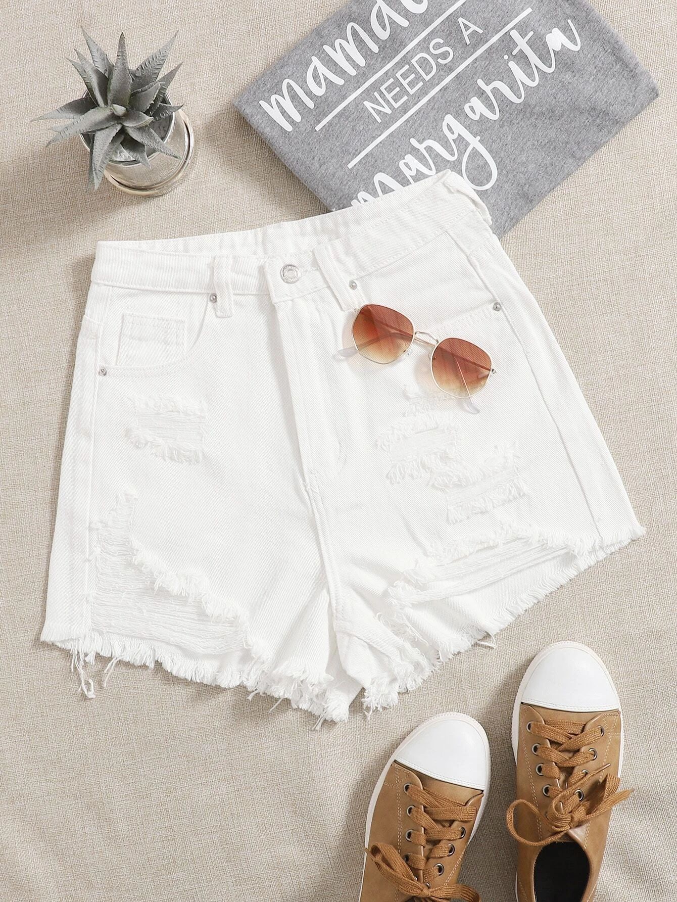 Ripped Raw Hem Denim Shorts | SHEIN