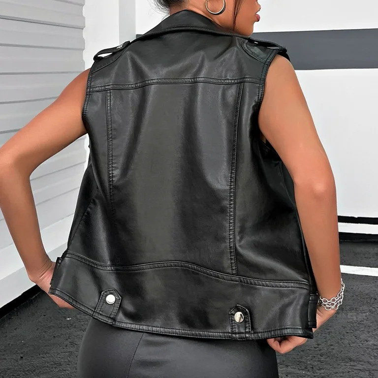 XFLWAM Faux Leather Vest For Women Lapel Sleeveless Moto Slim Fit PU Motorcycle Biker Waistcoat O... | Walmart (US)