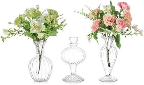 Glasseam Glass Small Bud Vases: Ribbed Clear Vase Set of 3 Modern Mini Vases for Centerpieces Flo... | Amazon (US)