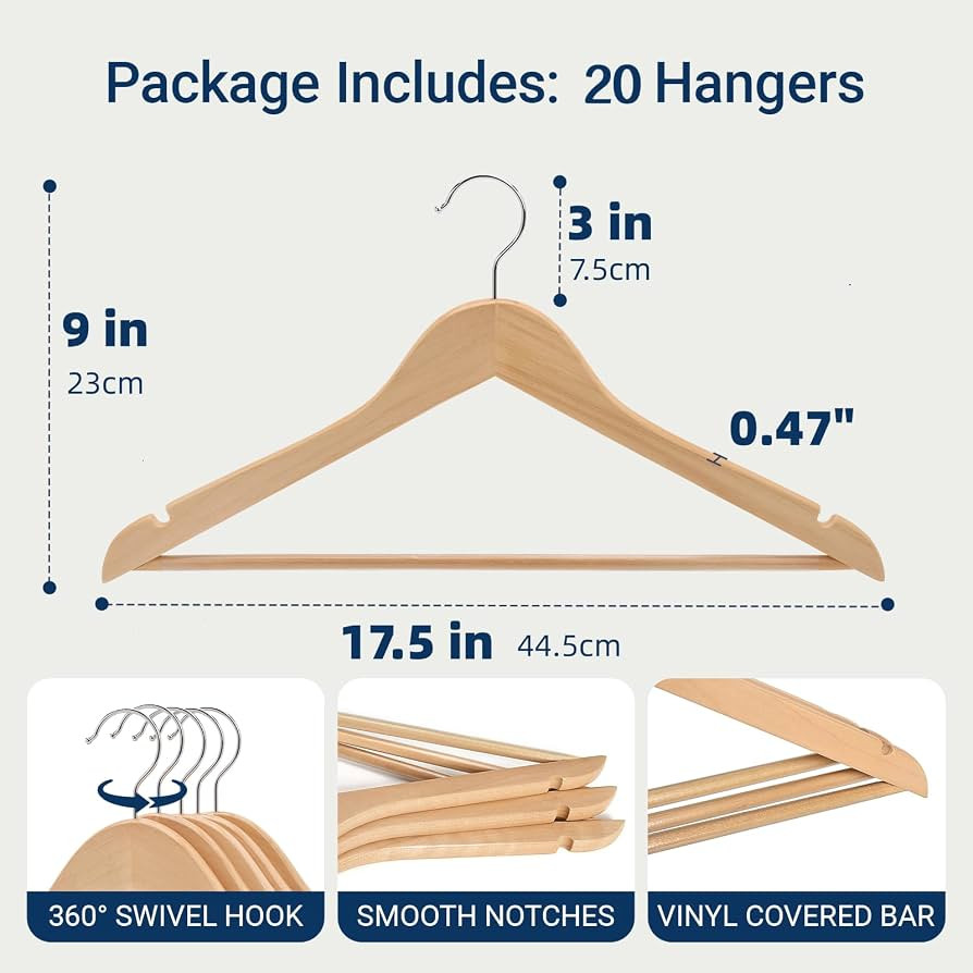 Amazon.com: Amber Home 20 Pack Wooden Coat Hangers, Natural Wood Suit Hangers with Non-Slip Pant ... | Amazon (US)