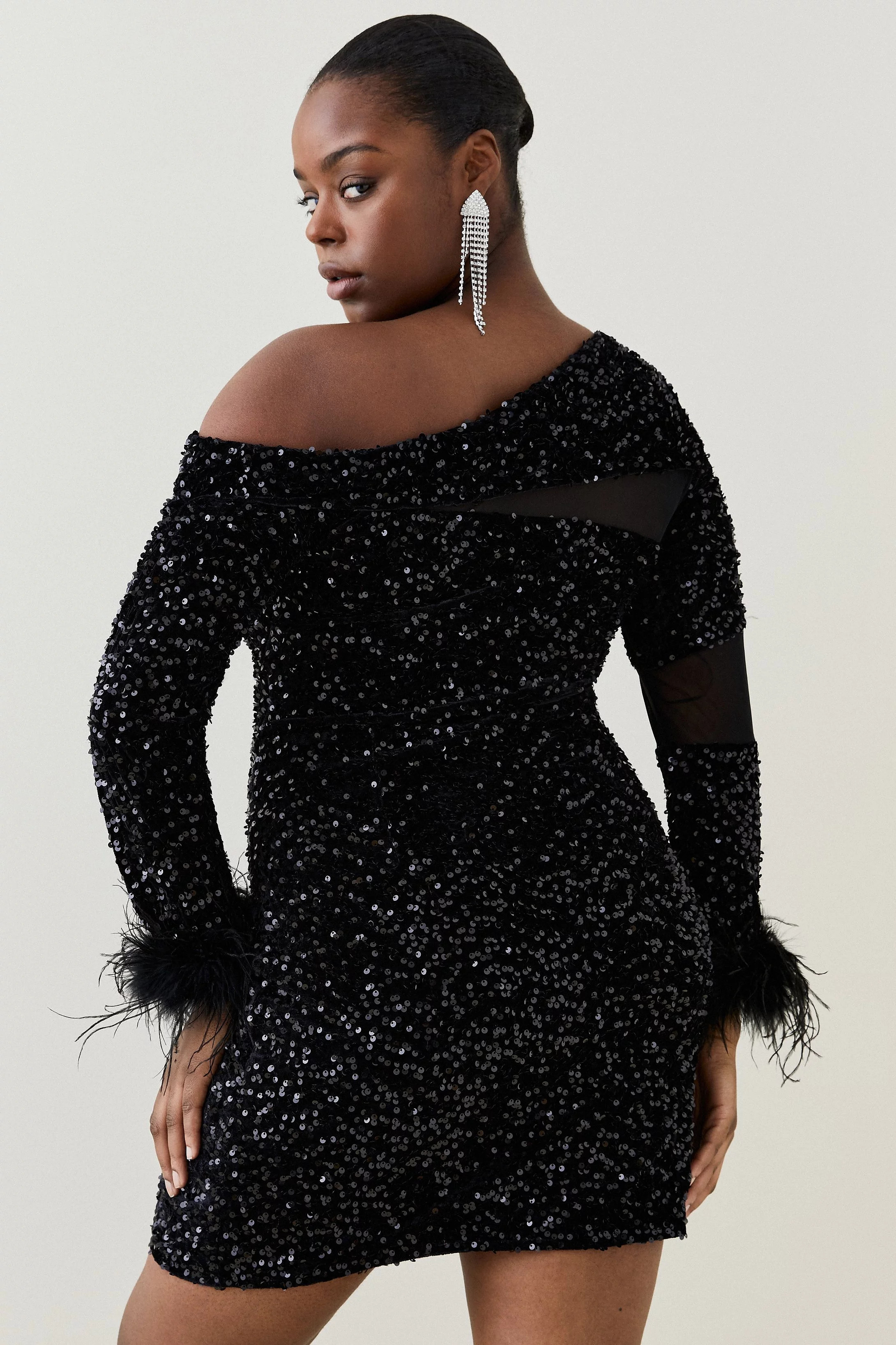 Plus Size Sequin Velvet Mesh Detail Feather Cuff Jersey Mini | Karen Millen UK + IE + DE + NL