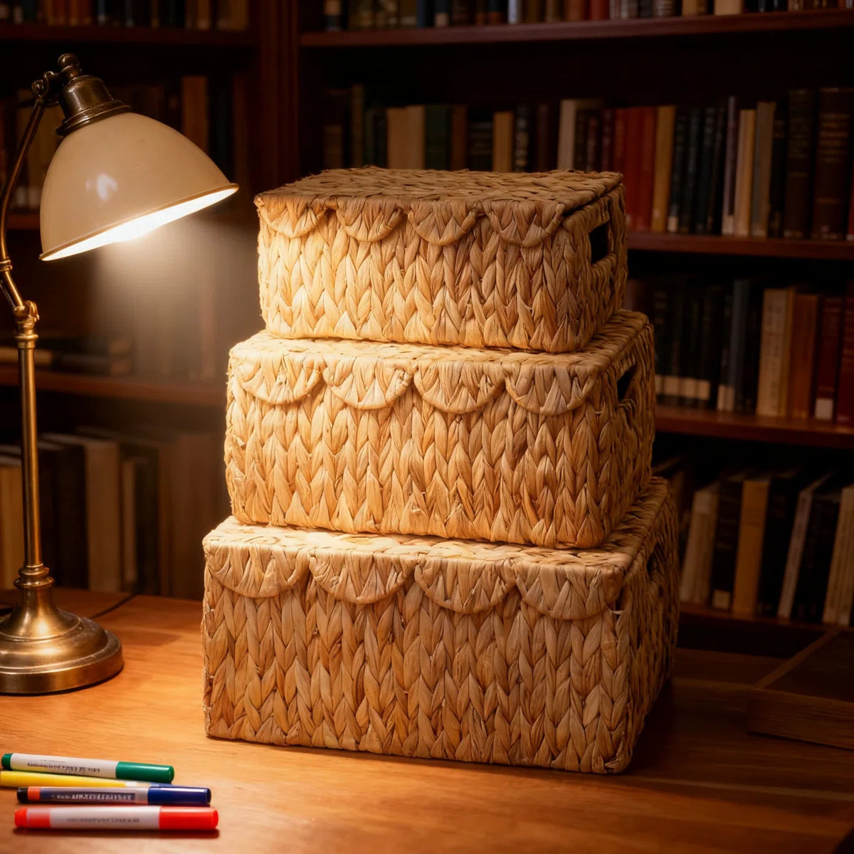 Set Of 3 Scalloped Edge Wicker Storage Baskets With Lids, Handmade Rattan Organizer Boxes With Bu... | Wayfair North America