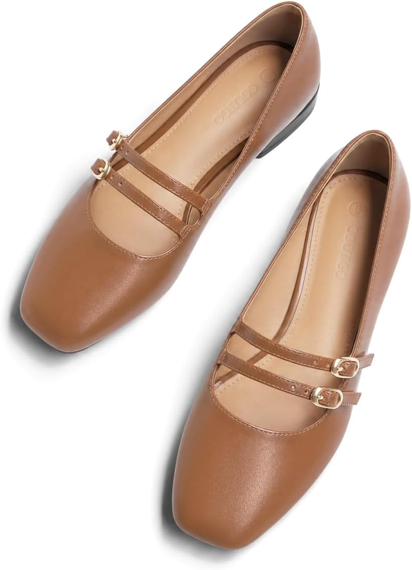 Coutgo Women's Mary Jane Flats Square Toe Ballet Flats Double Strap Slip On Dressy Shoes for Work Office | Amazon (US)