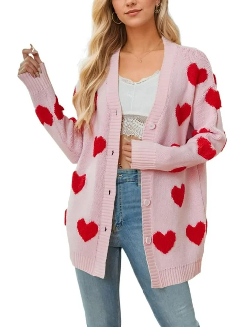 Women Love Heart Graphic Oversized Sweaters Valentine Cute Cardigan V-neck Open Front Button  Mid... | Walmart (US)