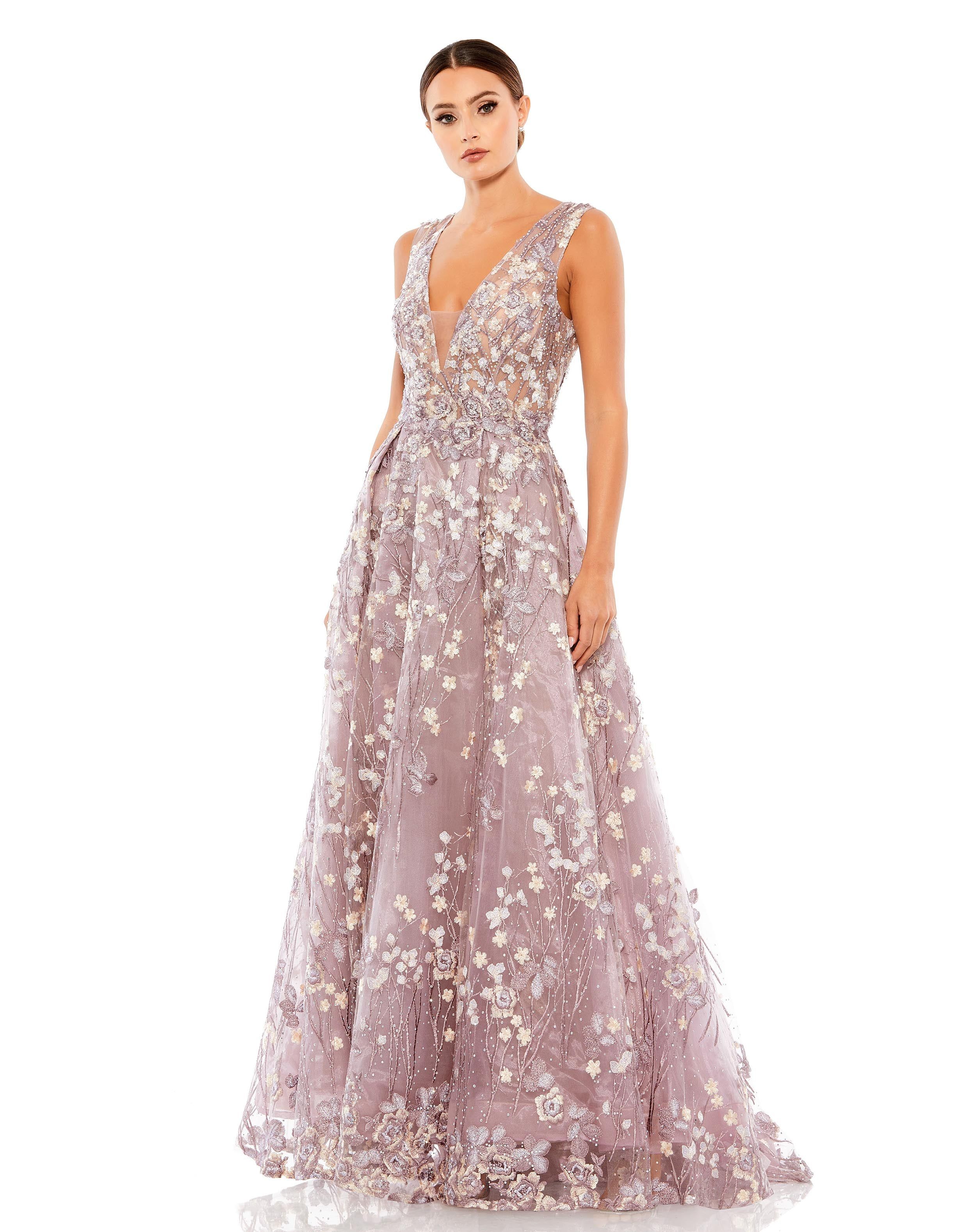 Floral Embroidered Illusion V-Neck Gown | Mac Duggal
