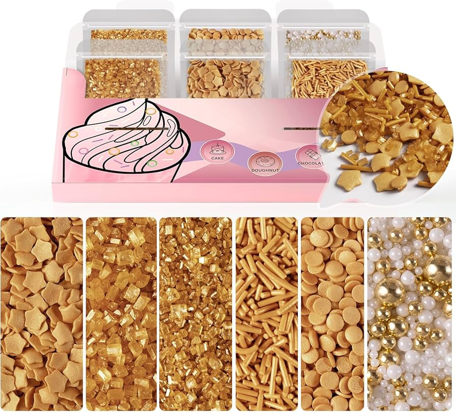 HUEBEATY 6-in-1 Gold Sprinkles Edible for Cake Decorating | 180g/6.36oz | Gold Coin & Star Confet... | Amazon (US)