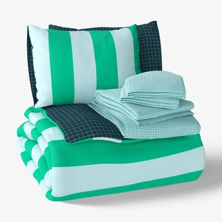 Mainstays Kids Green and Blue Stripe Reversible Comforter Set with Sheets, Full, 7 Pieces | Walmart (US)