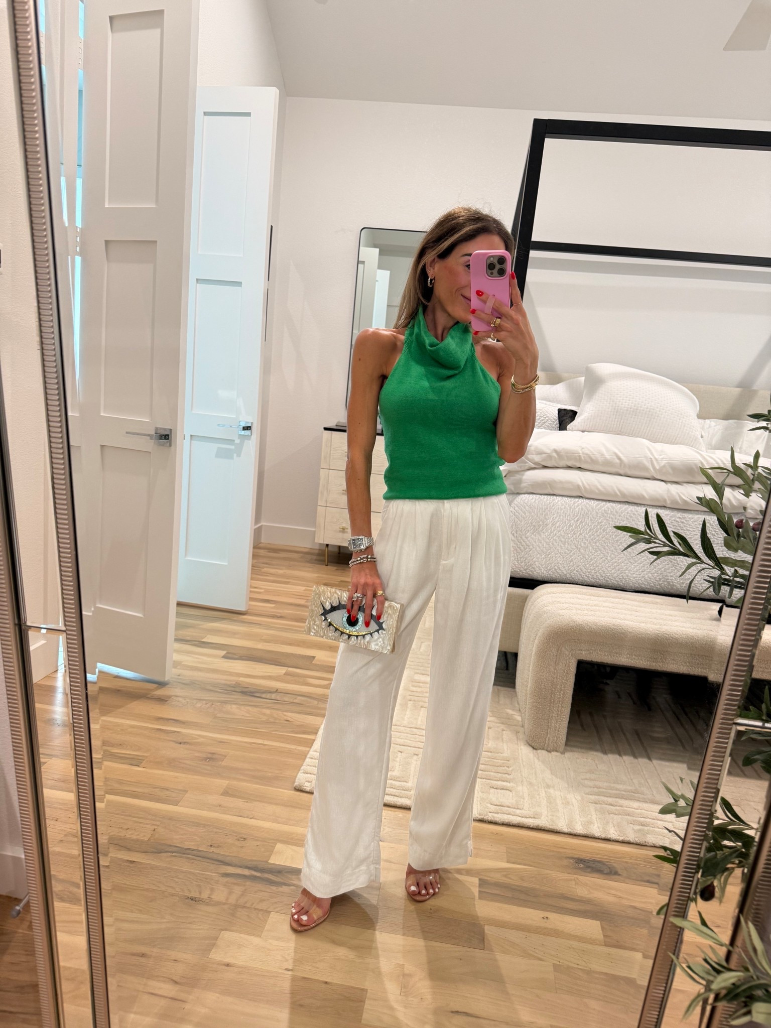 Amazon green halter top size xs white linen trouser pants size 23 short. Petite friendly 
Date night outfit 

#LTKSaleAlert #LTKSeasonal #LTKPetite