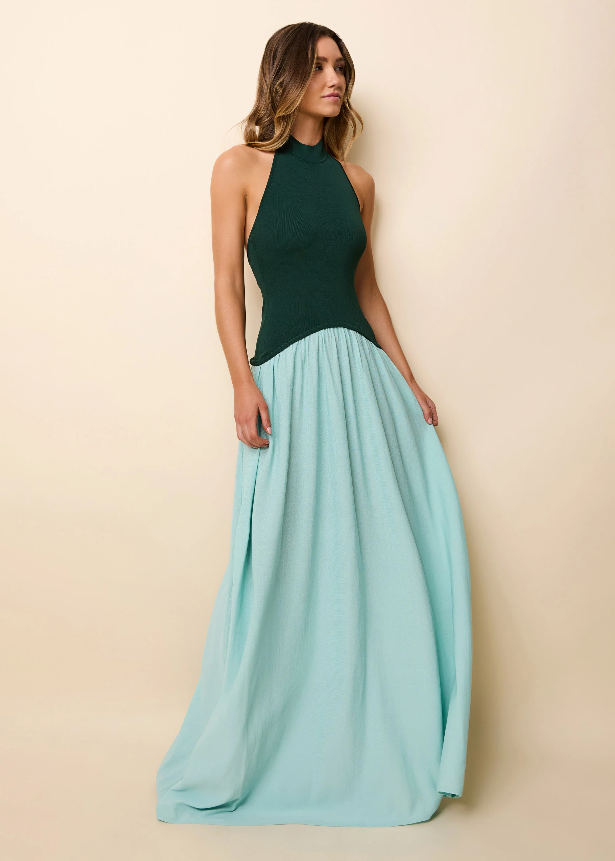 The Halter Soglio Dress in Evergreen / Sky | Solid & Striped