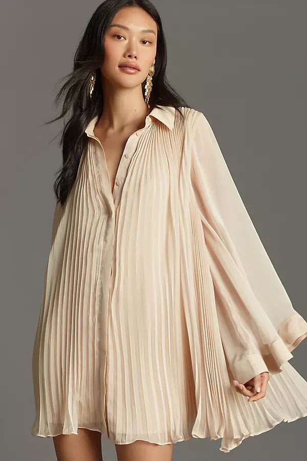 Maeve Long-Sleeve Pleated Mini Shirt Dress | Anthropologie (US)