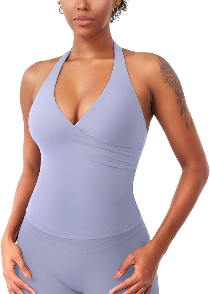 YEOREO Womens Halter Tank Tops Workout Impact Longline Strappy Top Padded Deep V Neck Wrap Gym Ba... | Amazon (US)