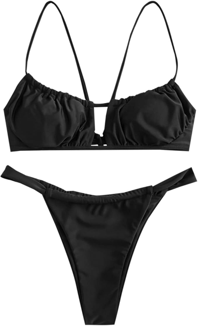 ZAFUL Women's Spaghetti Strap Cutout Keyhole Ruched Tie Cami Bikini Set Swimsuit | Amazon (US)