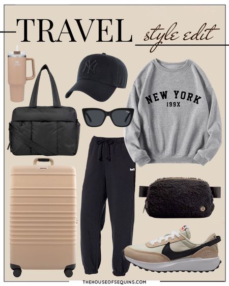 Shop this airport outfit travel look! Graphic sweatshirt, joggers, Nike sneakers, Lululemon belt bag, puffer bag, carry on luggage, Stanley tumbler 

Follow my shop @thehouseofsequins on the @shop.LTK app to shop this post and get my exclusive app-only content!

#liketkit 
@shop.ltk
https://liketk.it/3Uthr

#LTKtravel #LTKsalealert #LTKstyletip