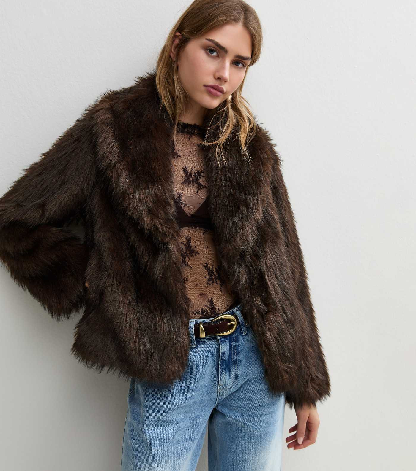 Dark Brown Faux Fur Shawl Collar Jacket | New Look | New Look (UK)