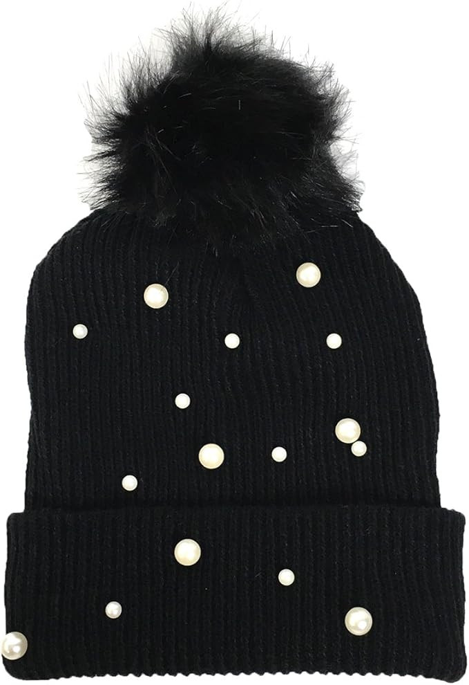 Women's Pom Pom Beanie, Black Knit Hat with Pearly Glow Detail | Amazon (US)