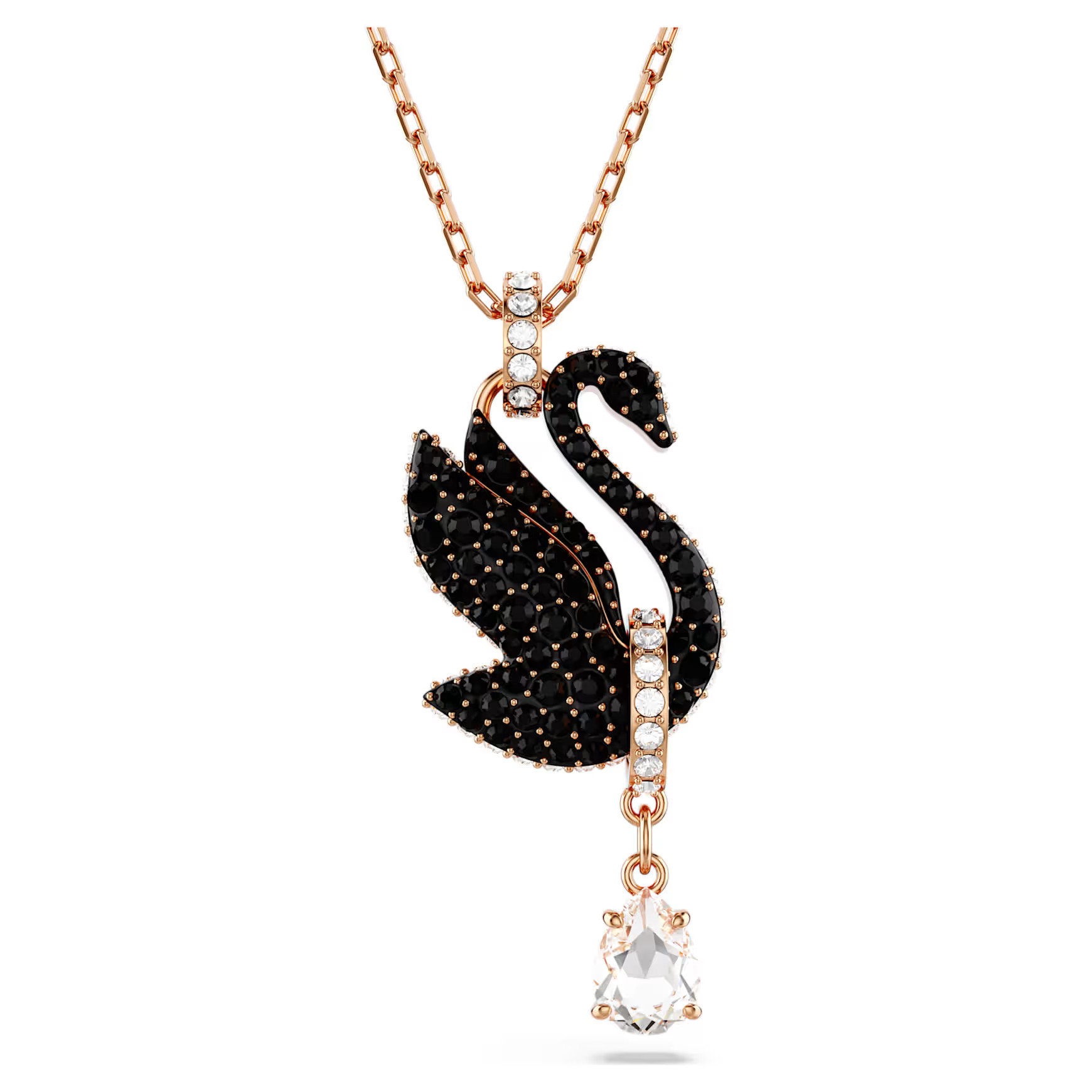 Swan pendant, Swan, Black, Rose gold-tone plated by SWAROVSKI | SWAROVSKI