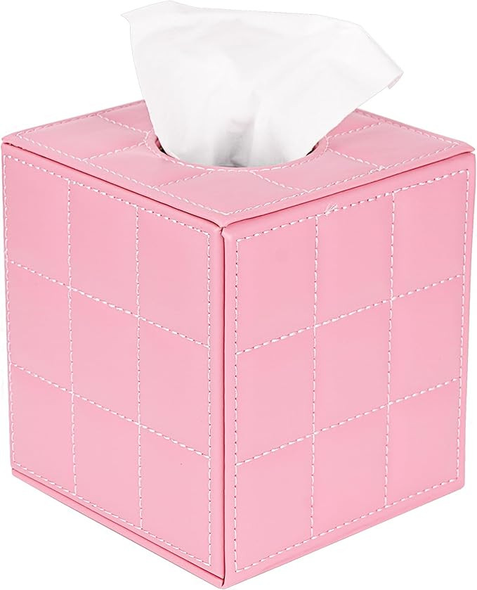 Pink Square Tissue Box Cover - Vegan Leather Modern Cube Facial Tissue Holder for Bathroom, Livin... | Amazon (US)
