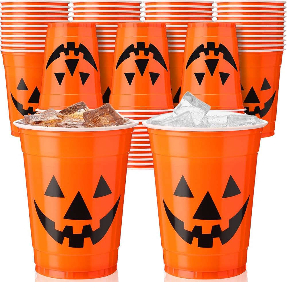 Meanplan 100 Pcs Halloween Plastic Cups 12 oz Jack-O-Lantern Orange Disposable Party Cups for Tri... | Amazon (US)