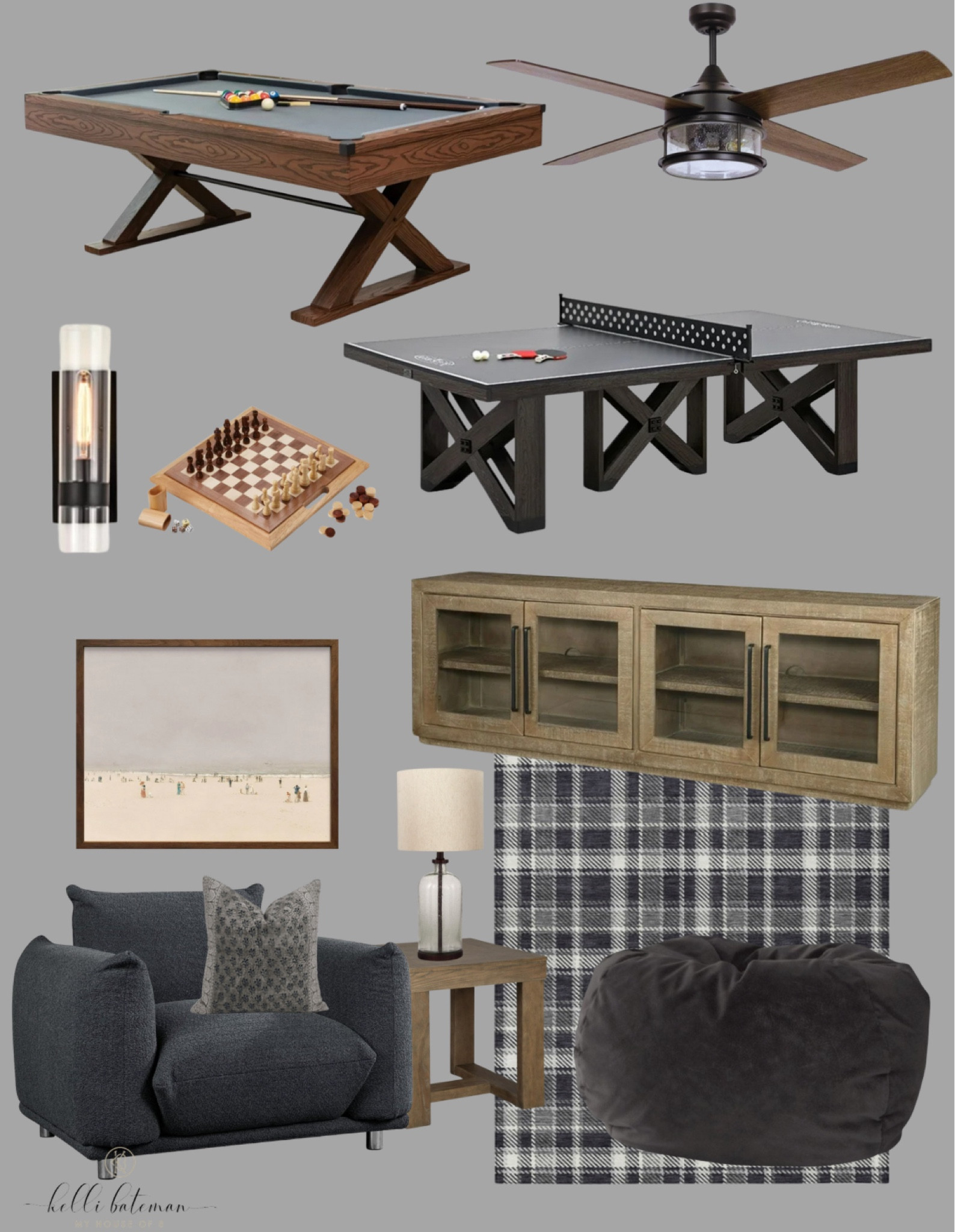 Game Room Vibes from WALMART! 😍
Modern ping pong table. Modern Pool table. Oversized chair, lighting, wooden side board cabinet for storing games etc. plaid rug 

#LTKHome