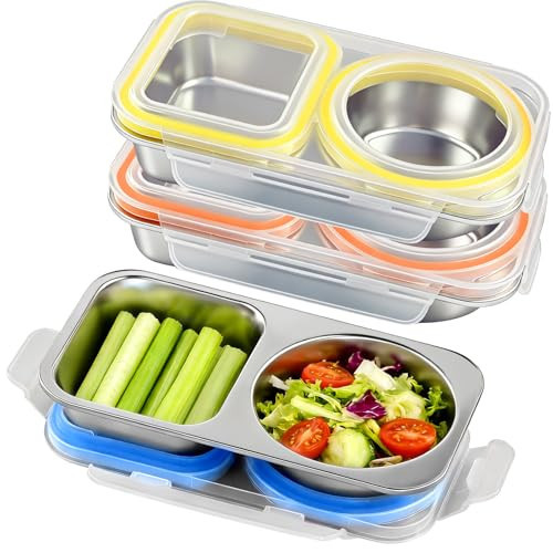 Eiyisem 3 Pack Stainless Steel Snack Containers with Lid, Reusable 2 Compartment Snack Containers Leakproof Food Storage Container for Home, Travel, Picnic, Outdoors | Amazon (US)