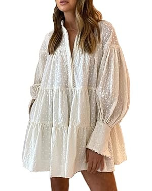 Women's Bohemian Floral Print Button Down Long Lantern Sleeve Shift Tunic Dress Casual Ruffle Swi... | Amazon (US)
