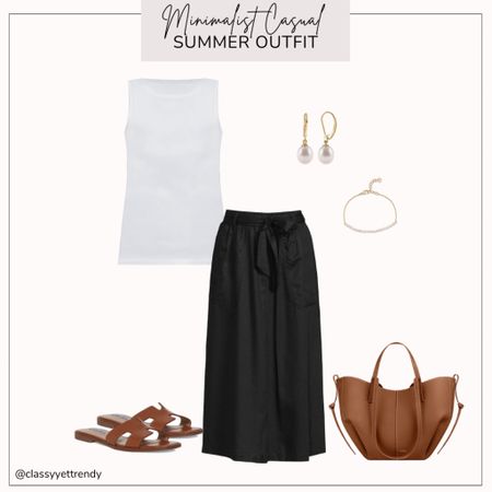 Minimalist casual summer outfit

White tank top
Black tie waist midi skirt
Brown slide sandals
Polene Cyme Mini Tote in “camel"