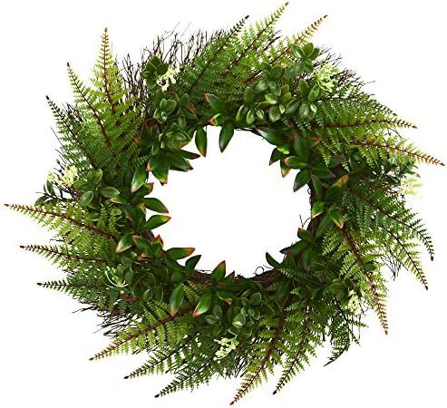 Nearly Natural 23” Assorted Fern Wreath UV Resistant (Indoor/Outdoor) Artificial Plant, Green | Amazon (US)