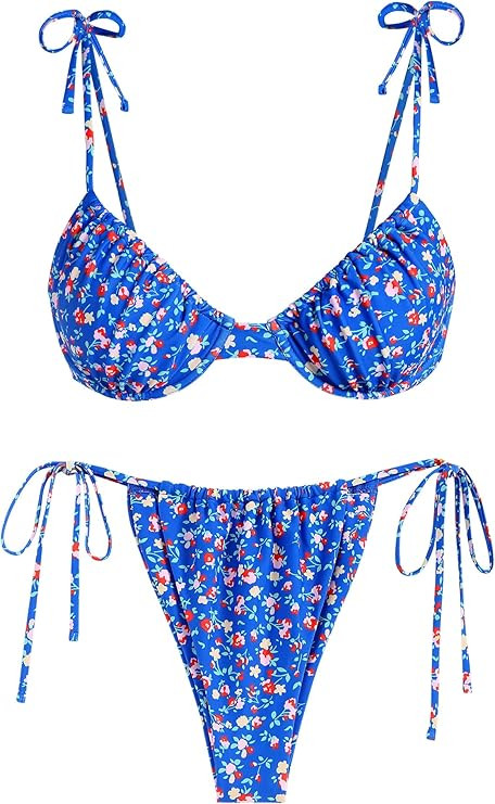 ZAFUL Women's Underwire Bikini Set Floral Print Adjustable Tie Self Swimsuit 2 Piece Bathing Suit... | Amazon (US)