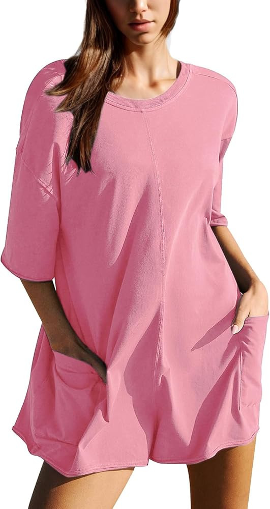 Dokuritu Rompers for Women Short Sleeve Round Neck Summer Athletic Romper Oversized Back V Neck O... | Amazon (US)