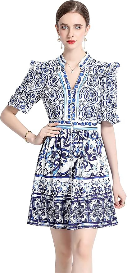 LAI MENG FIVE CATS Women's Summer Puff Sleeve V-Neck Floral Print Button up Casual Swing Mini Dre... | Amazon (US)