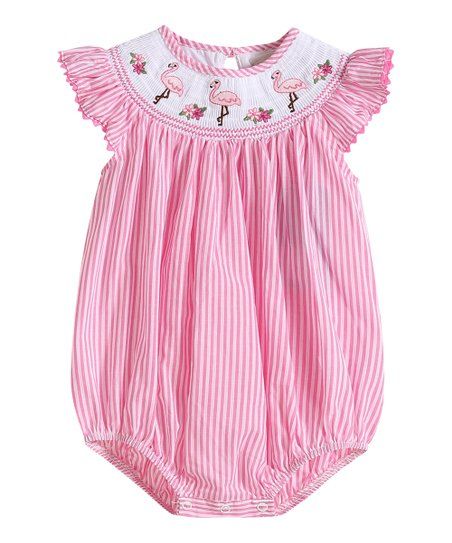 Pink Stripe Flamingo Smocked Flutter-Sleeve Romper - Infant & Toddler | Zulily