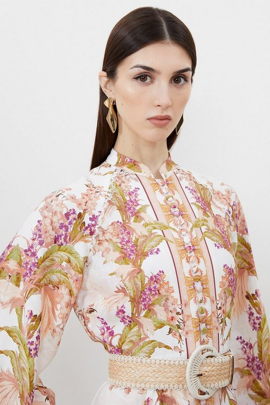 Mirorred Floral Viscose Linen Mini Dress | Karen Millen UK + IE + DE + NL