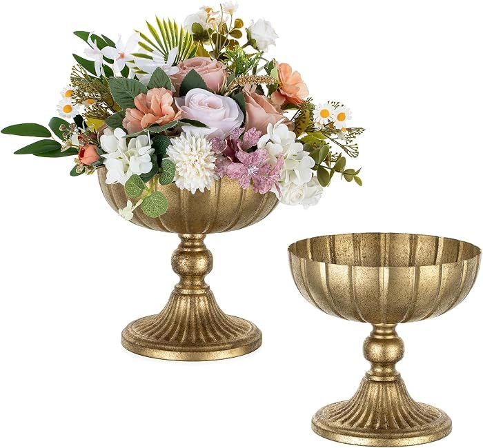 NUPTIO Gold Compote Vase for Centerpiece: 7.95" Tall Pedestal Footed Bowl for Flowers - Distresse... | Amazon (US)