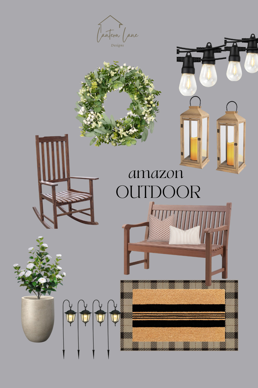Amazon outdoor decor. Love the rocking chair and bench. The door wreath is such a great price. I have and love the solar powered string lights. 

front porch decor, outdoor decor, amazon home, outdoor 

 #LTKSeasonal #LTKHome #LTKSaleAlert