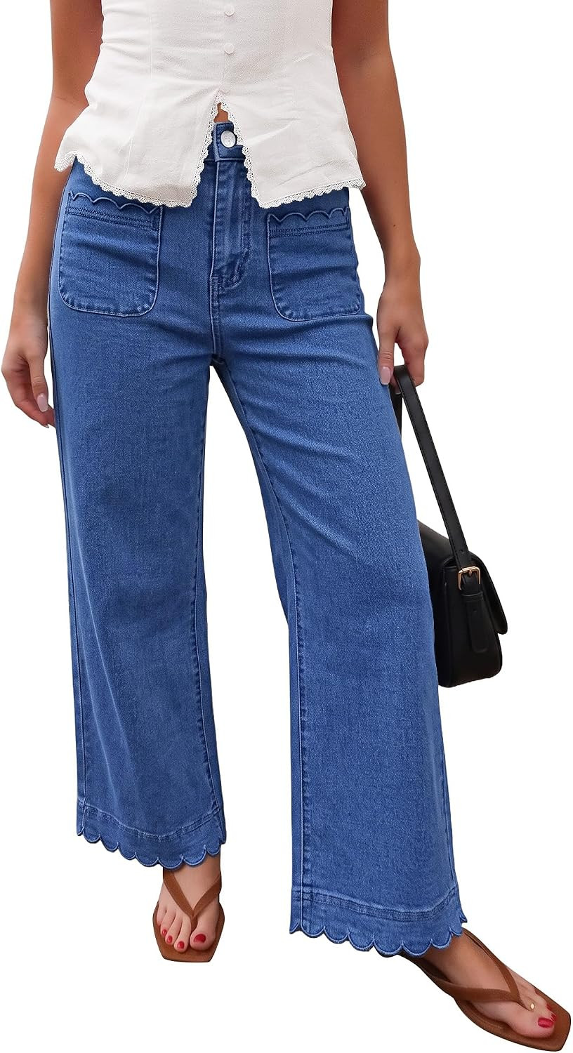 GRAPENT Jeans for Women Scalloped Straight Leg Ankle Stretchy Denim Pants | Amazon (US)