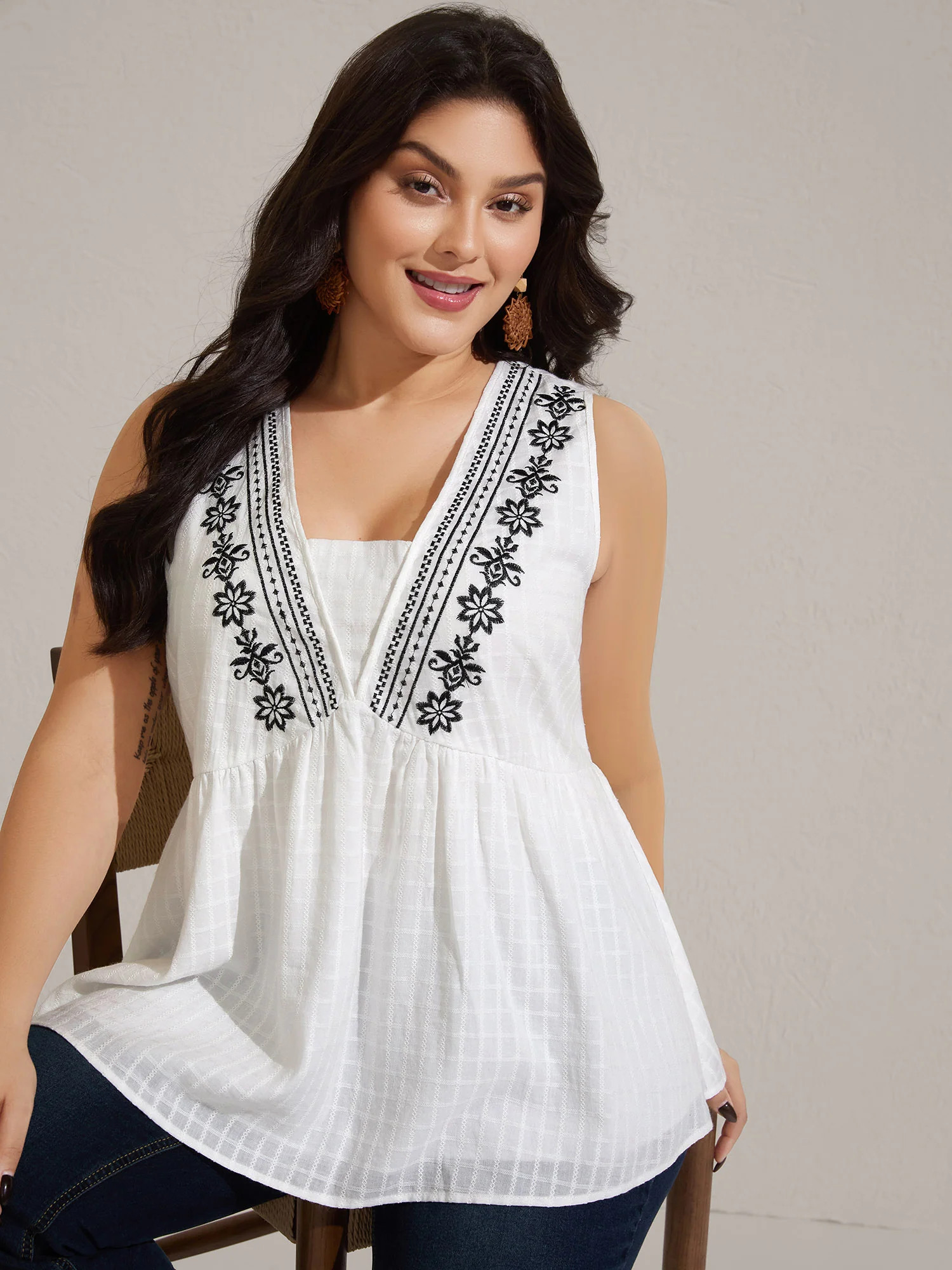 Pure Cotton Jacquard Embroidered Tank Top | Bloomchic