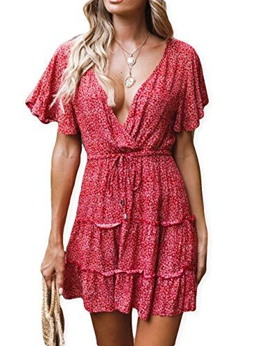 AOOKSMERY Womens Summer Beach Boho Floral Print V Neck Short Sleeve Ruffle Hem Mini Dress with Belt | Amazon (US)