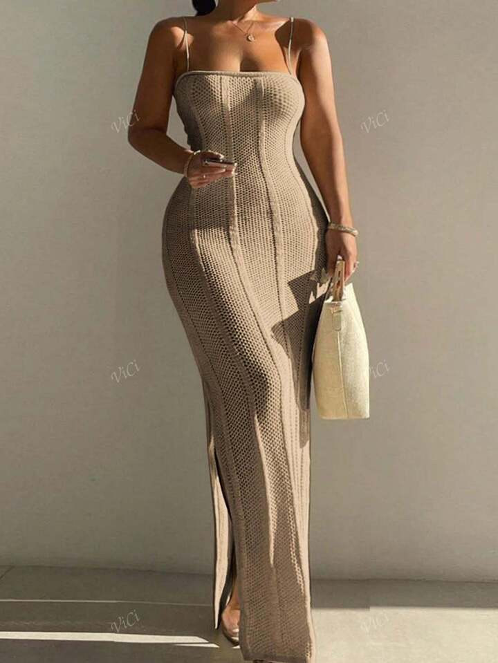 Solid Color Fashionable Bodycon Sexy Hollow-Out Elegant Tie-Up Split Dress | SHEIN