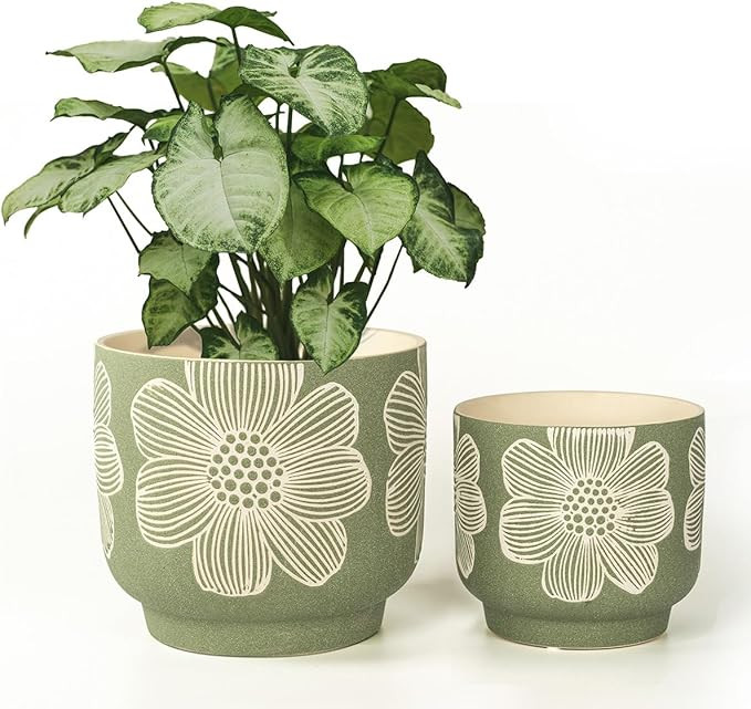 YBX 8 Inch + 6 Inch White Flower Pattern Plant Pots, Sand Glazed Ceramic Planter with Drainage Ho... | Amazon (US)