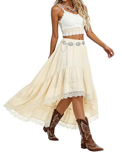 XZQTIVE Women Western Boho High Waist Lace Fringe Asymmetrical Cowgirl Midi Skirt Country Concert Outfits for Women Beige | Amazon (US)
