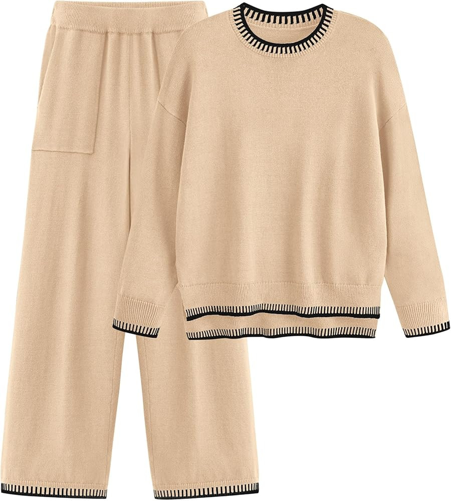 PRETTYGARDEN Women's 2 Piece Knit Sweater Outfit Casual Long Sleeve Pullover Wide Leg Pants Track... | Amazon (US)