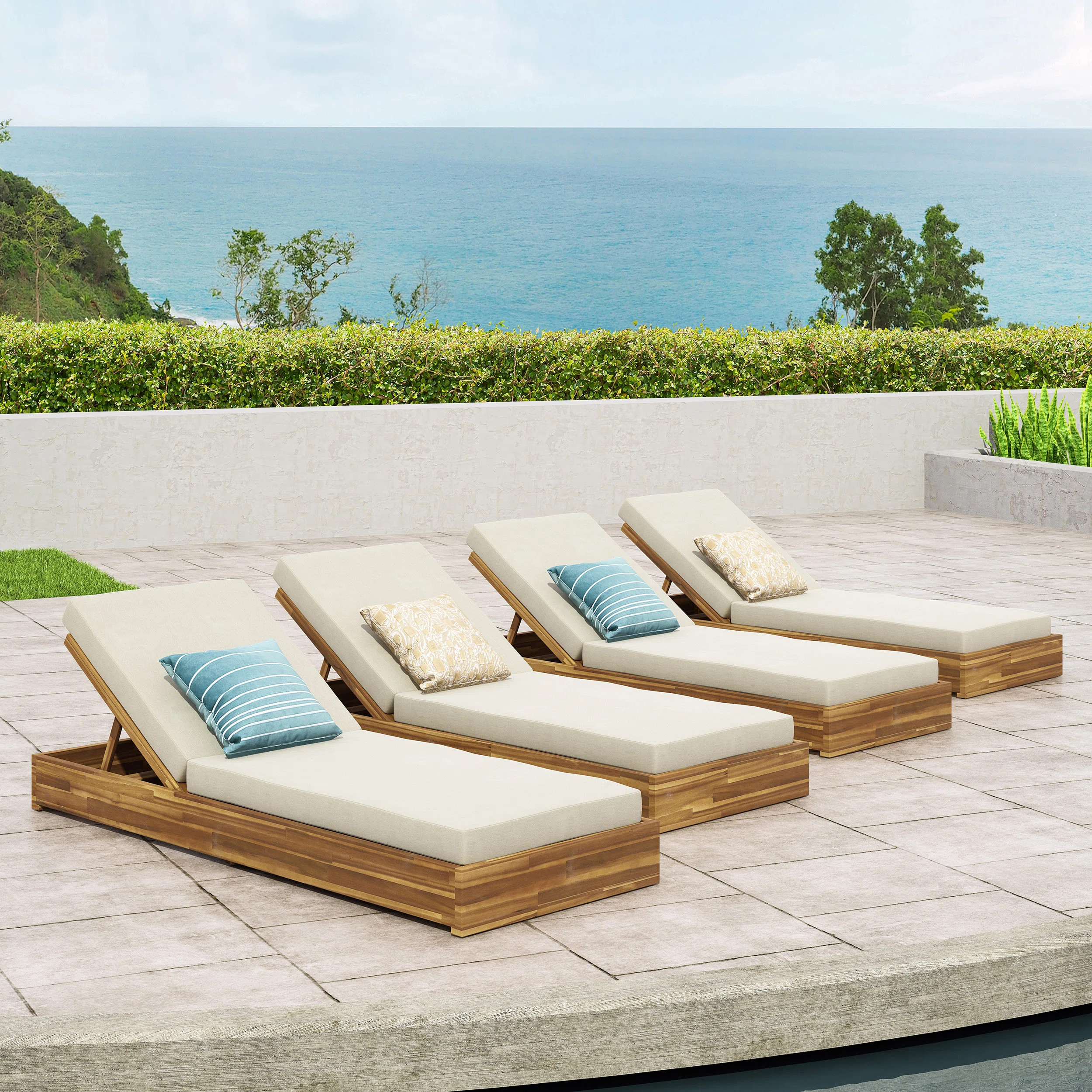 Leite Outdoor Acacia Wood Chaise Lounge Set , Cushion Included (Set of 4) | Wayfair North America