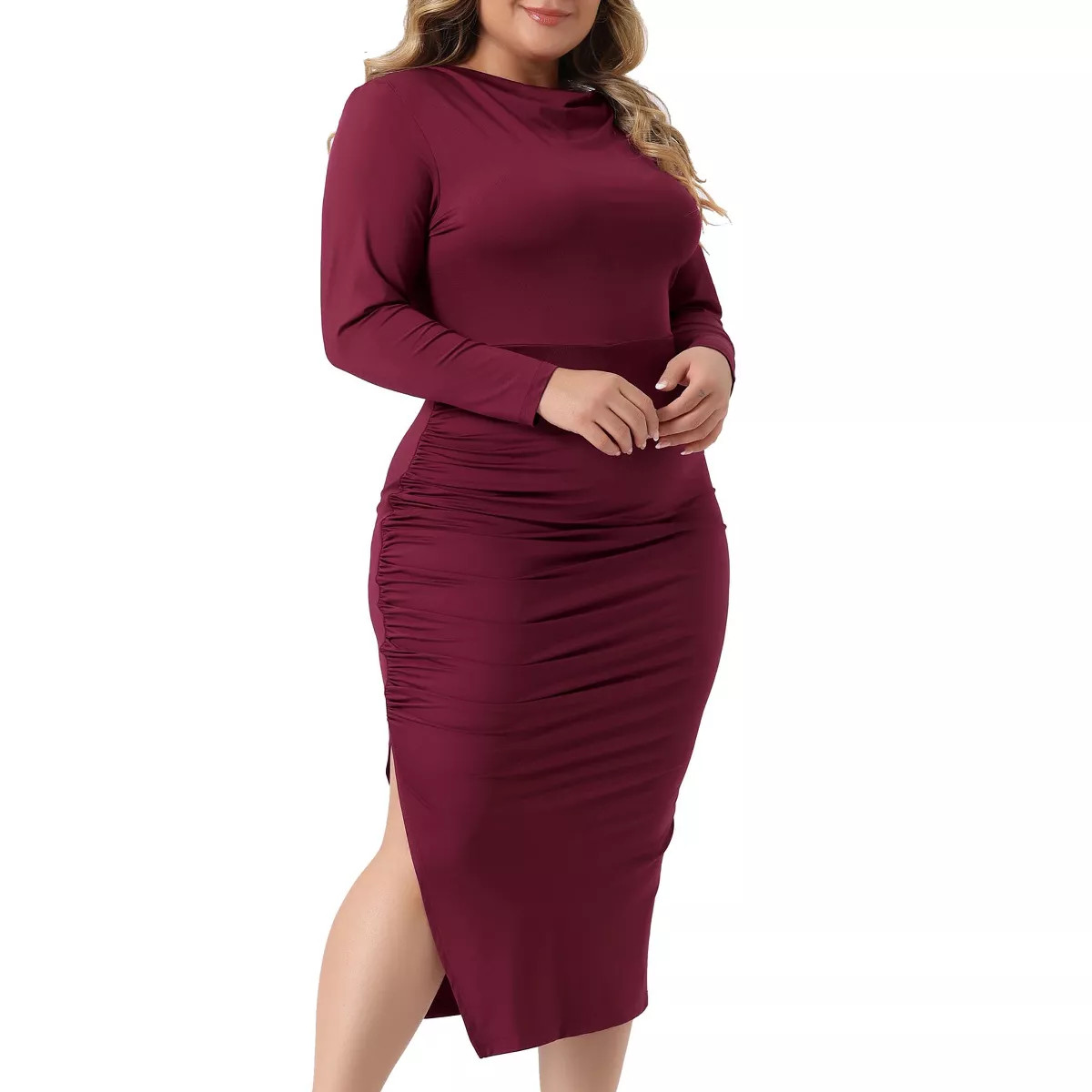 Agnes Orinda Women's Plus Size Long Sleeve Crew Neck Side Slit Ruched Bodycon Dresses | Target